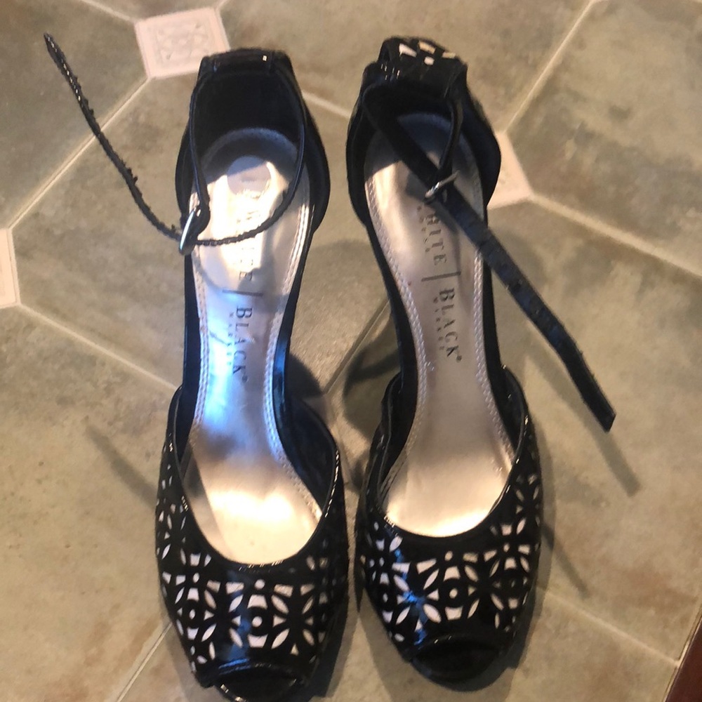 WHBM peep toe black patent leather heels